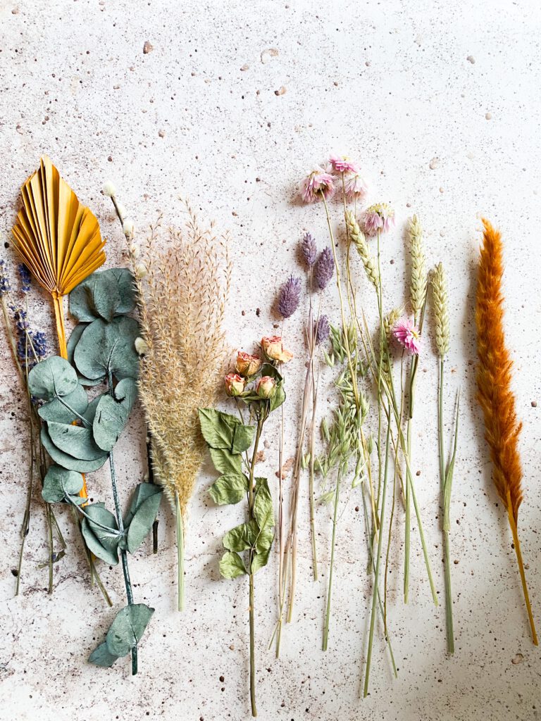 Verschiedene bunte Trockenblumen, wie Eukalyptus und Rosen