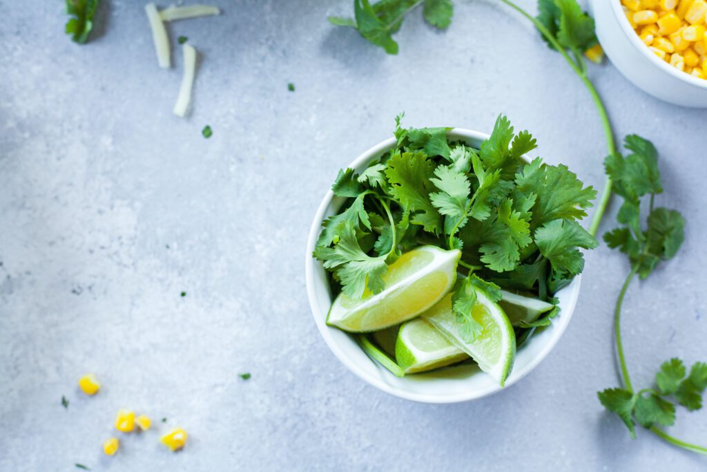 Geschnittene Limette mit Koriander in einer kleinen Schale